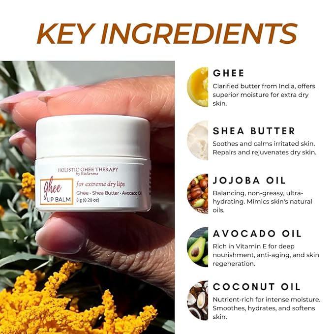 Natural Lip Balm For Very Dry Lips | Pack of 4 | Moisturizing Ghee, Shea Butter, Beeswax, Coconut Oil, & Jojoba Oil | Hydrating Lip Care For Chapped Lips, After Sun Care | Bioserene-Velvo Beauty