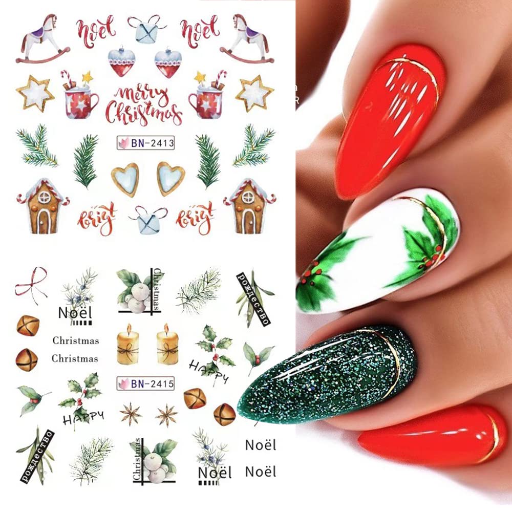 12 Sheets Christmas Nail Art Stickers Snowflake Water Transfer Nail Decals Holographic Gingerbread Man Snow Trees Winter Design Watermark Nail Foils Stickers for Women Xmas Nail Decorations-Velvo Beauty