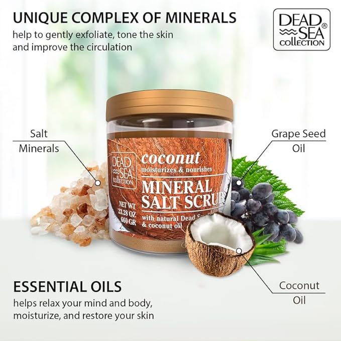 Dead Sea Collection Coconut Salt Scrub – Exfoliating Body Scrub for Women – Moisturizing and Nourishing Skin – with Pure Oils and Dead Sea Minerals (23.28 Oz)-Velvo Beauty