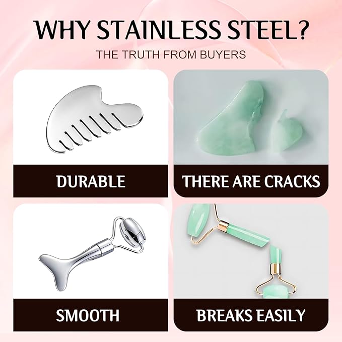 Gua Sha Facial Tool and Face Roller Set, Stainless Steel Lymphatic Drainage Massager for Face, Head, Eyes, Chin and Jaw, Lifting, Massage Scraping with Travel Pouch-Velvo Beauty