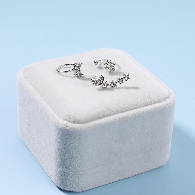 Boho Moon Star Ear Climber Earrings Silver Cz Star Ear Crawler Earrings Vintage Rhinestone Moon Cuff Earrings Cartilage Star Trailing Earrings Celestial Jewelry for Women and Girls Gifts-Velvo Beauty