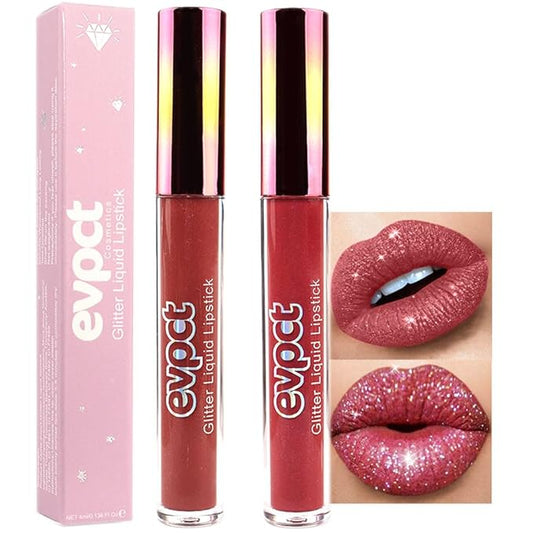 eevpct 2Pcs Mauve Red & Wine Red Matte to Glitter Liquid Lipstick Set Kit for Women Long Lasting Glossy Metallic Shimmer Sparkle Lipstick Lip Gloss 2+6-Velvo Beauty