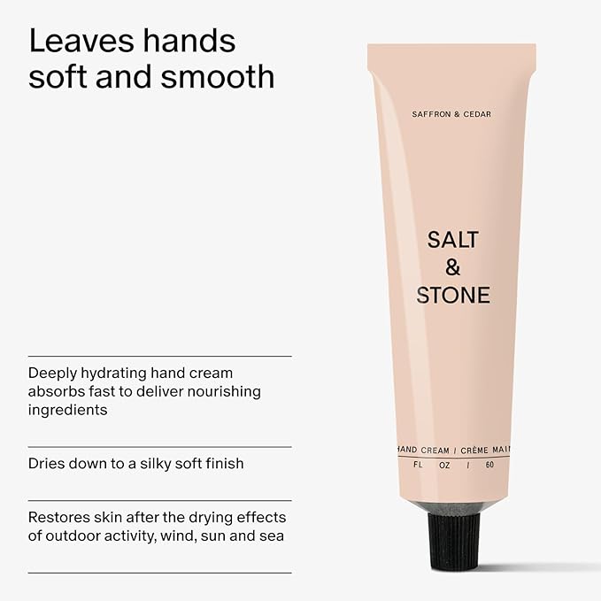 Salt & Stone Hand Cream for Women & Men | Saffron & Cedar | Hydrates, Nourishes & Softens Skin | Restores Dry Cracked Hands | Fast-Absorbing | Cruelty-Free & Vegan (2 fl oz)-Velvo Beauty