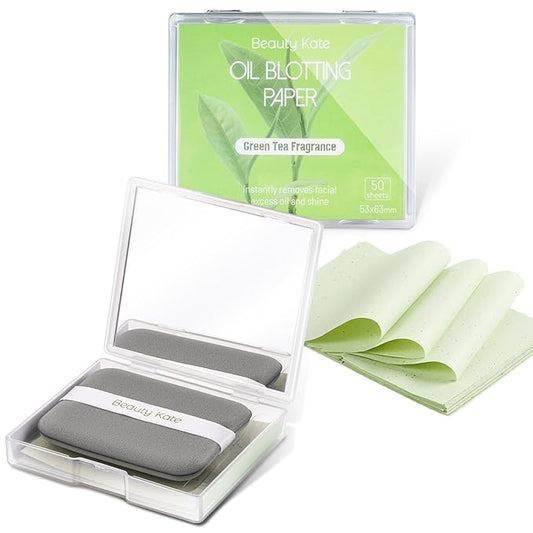 2 Pack Oil Blotting Sheets for Face, Oil Blotting Paper Green Tea Total 100 sheets with Portable Mirror Case & Makeup Puff Makeup Friendly-Velvo Beauty