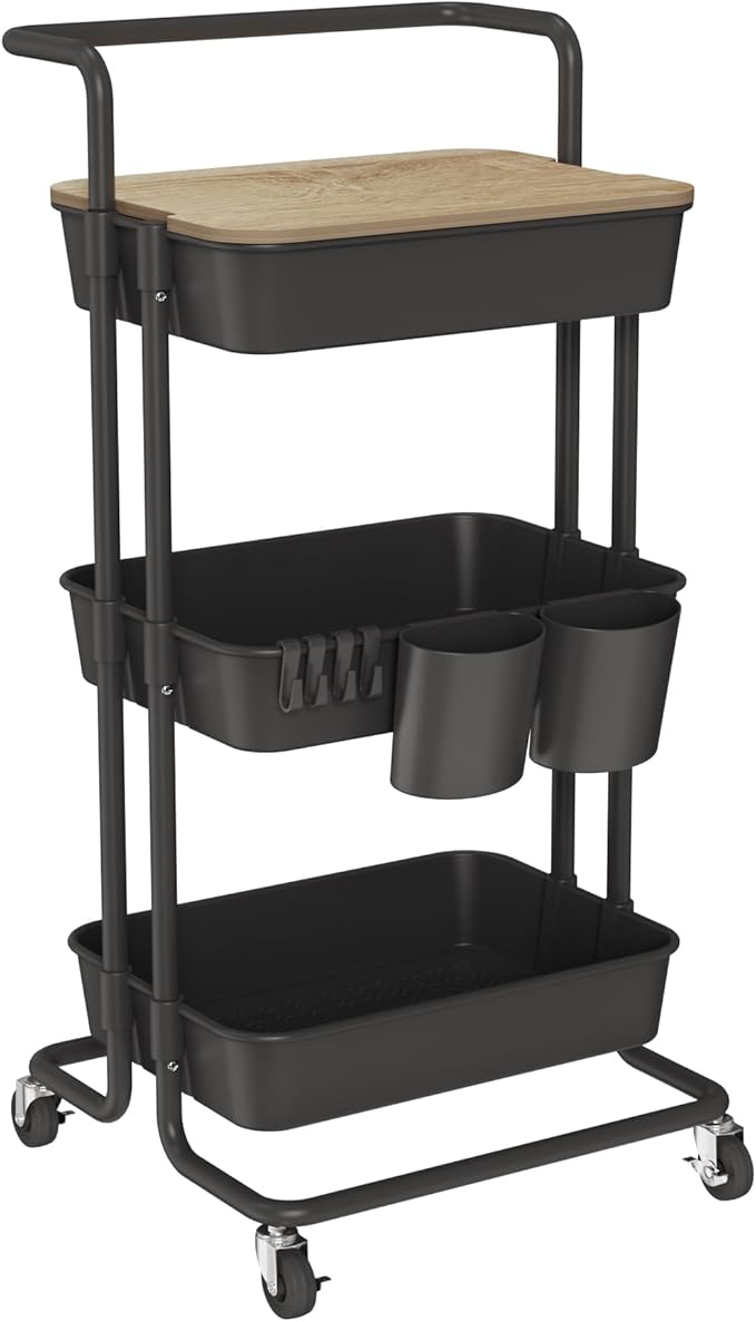DTK 3 Tier Rolling Cart Uility Cart with Cover Board, Mobile Storage Cart with Wheels, Cups, Hooks for Office Utility Kitchen Bathroom Homeschool Art Craft Postpartum Teacher Cart Organizer(Black)-Velvo Beauty