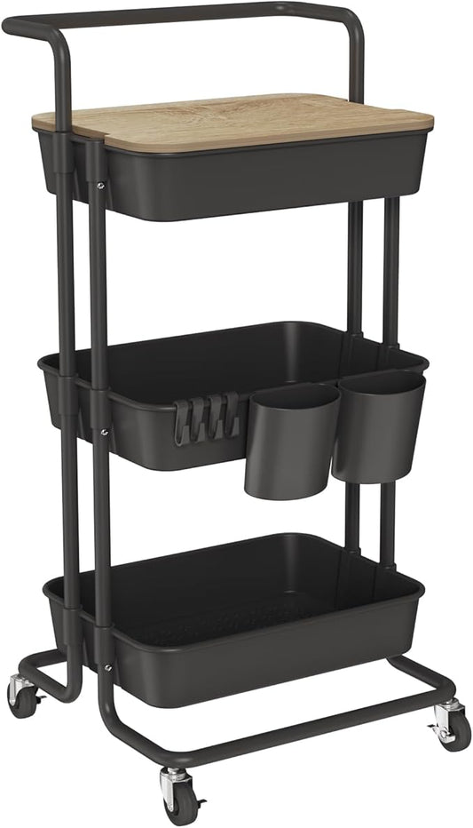 DTK 3 Tier Rolling Cart Uility Cart with Cover Board, Mobile Storage Cart with Wheels, Cups, Hooks for Office Utility Kitchen Bathroom Homeschool Art Craft Postpartum Teacher Cart Organizer(Black)-Velvo Beauty