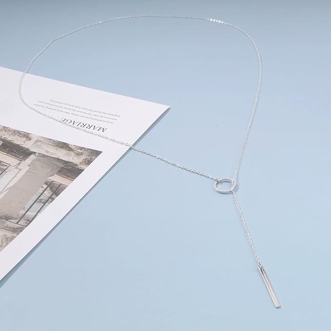 Boho Circle Bar Lariat Necklace Silver Drop Bar Y Necklace Open Circle Necklace Long Vertical Bar Necklace Chain Jewelry for Women and Girls Gifts-Velvo Beauty