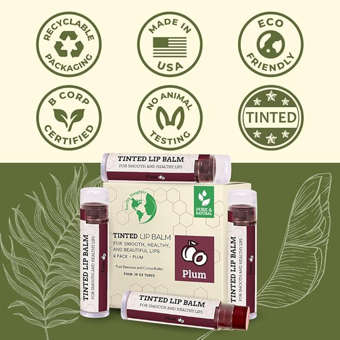 Tinted Lip Balm by Earth’s Daughter – 4 Pack of Plum Color – Beeswax, Coconut Oil, Cocoa Butter, Vitamin E – Moisturize and Beautify – Paraben Free-Velvo Beauty