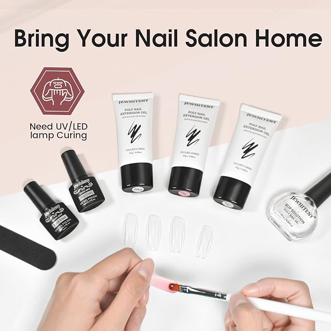 JEWHITENY Poly Extension Gel Nail Set Clear Pink Poly Nail Gel With Slip Solution Base Coat Top Coat French Manicure Need U V Lamp Curing for Finger Art and Home DIY-Velvo Beauty