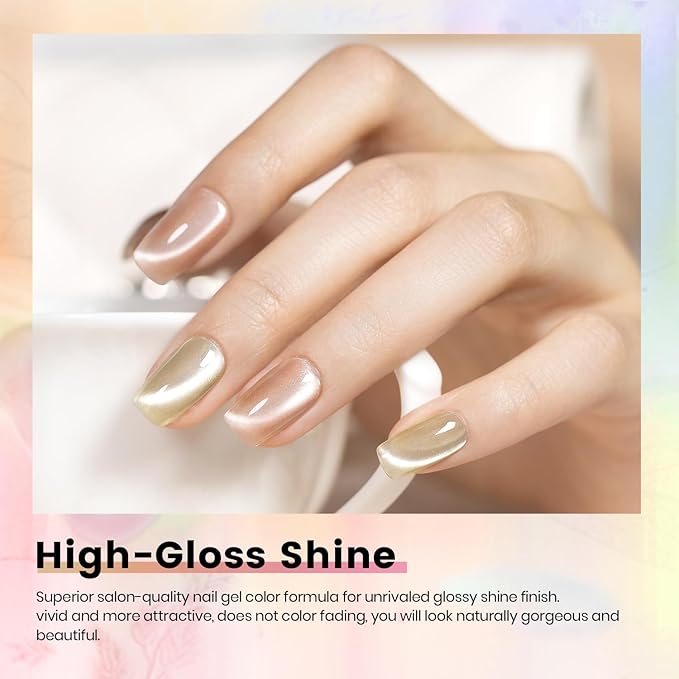 RARJSM Nude Jelly Glass Cat Eye Gel Nail Polish Set 6Pcs Champagne Gold Rose Blush Metal Pink Red Smoothie Ceramics Cateye Silver Glitter Gelpolish with Magnetic Stick UV LED Curing Require Home Salon-Velvo Beauty