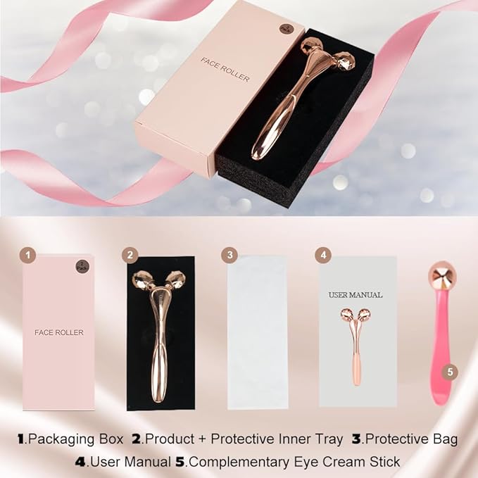 3D Face Roller Metal Facial Massager Face Sculpting Gua Sha Massage Tool for Eye Skin Care Reducing Puffiness Anti-Wrinkle for Women Girl Gift Set(Rose Gold)-Velvo Beauty