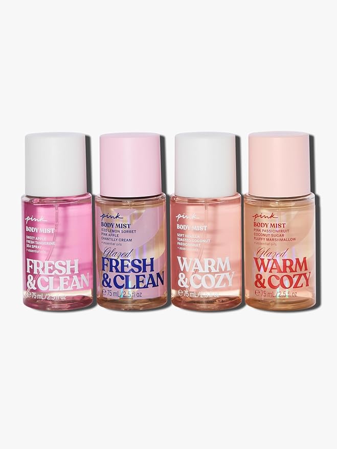 Victoria's Secret PINK 4 Piece Merry Mini Mists Gift Set: Warm & Cozy and Fresh & Clean, Assorted Scents-Velvo Beauty