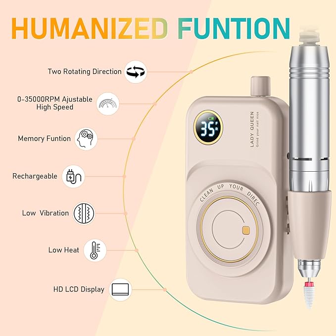 Portable Nail Drill Electric File: 35000RPM Professional Rechargeable Nail E File Machine,for Acrylic Nails Gel Polishing Removing, Cordless Efile with Bits Kit for Manicure Salon Home (Pink)-Velvo Beauty