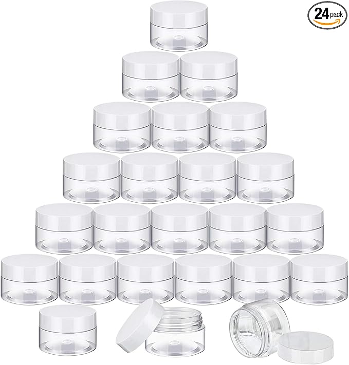 SATINIOR 24 Pieces Empty Clear Plastic Jars with Lids Round Storage Containers Wide-Mouth for Beauty Product Cosmetic Cream Lotion Liquid Butter Craft and Food (White Lid, 1 oz)-Velvo Beauty