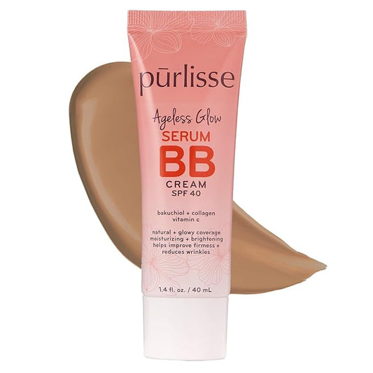 pūrlisse Ageless Glow Serum BB Cream SPF 40 - Glow BB Cream with SPF Enriched with Bakuchiol & Vitamin C to Help Improve Firmness & Reduce Wrinkles for Dewy Skin - Tan (1.4 oz)-Velvo Beauty