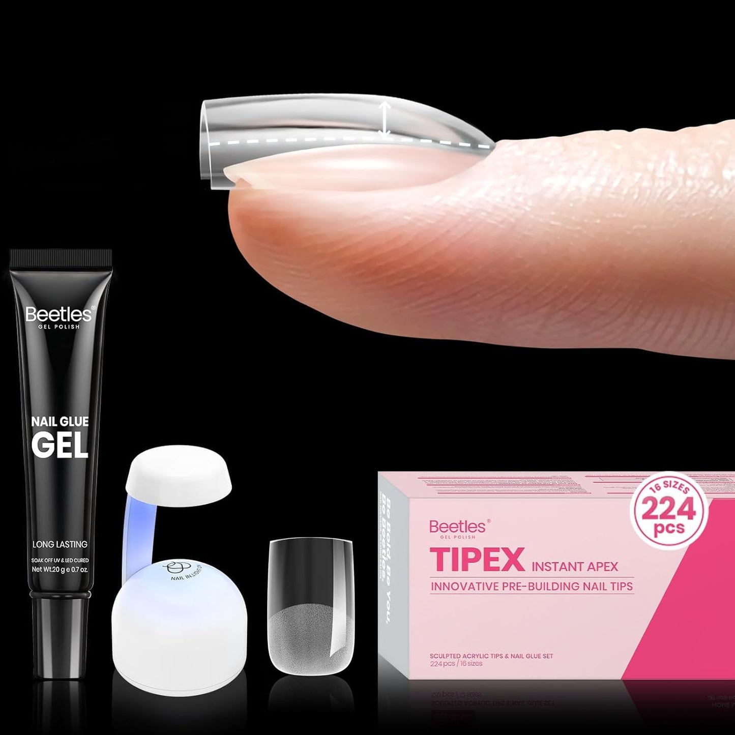 Beetles Tipex Gel Nail Kit Extra Short Square: 16 Sizes Instant Apex Nail Tips, 224 Pcs Pre-Building False Nail Tips with Tipex Nail Glue, Mini Nail Lamp-Thick Acrylic Nail Set-Velvo Beauty