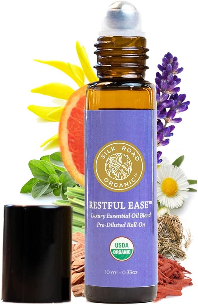 Silk Road Organic Restful Ease Essential Oil Sleep & Stress Blend Roll On - 100% Pure USDA Certified with Indian Sandalwood - Stress Ease Aromatherapy & Calming Relaxation - 10 ml Roller-Velvo Beauty