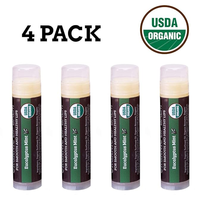 USDA Organic Lip Balm 4-Pack by Earth's Daughter - Eucalyptus Mint Flavor, Beeswax, Coconut Oil, Vitamin E - Best Lip Repair Chapstick for Dry Cracked Lips.-Velvo Beauty