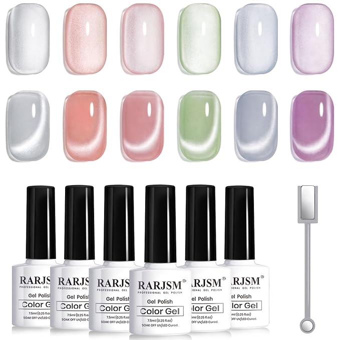 RARJSM Moonlight Cat Eye Gel Nail Polish Set 6 Pcs Smoothie Ceramic Glitter Shimmer Grape Purple Silver White Blue Green Pink Velvet Mirror Cateye Gel Polish with Magnetic Stick UV LED Curing Require-Velvo Beauty