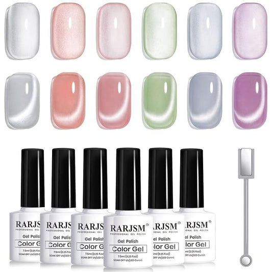 RARJSM Moonlight Cat Eye Gel Nail Polish Set 6 Pcs Smoothie Ceramic Glitter Shimmer Grape Purple Silver White Blue Green Pink Velvet Mirror Cateye Gel Polish with Magnetic Stick UV LED Curing Require-Velvo Beauty
