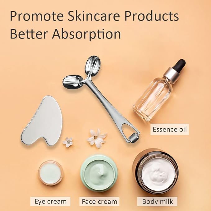 Yeamon Gua Sha Facial Tools and Face Roller Set, Facial Massage Tool for Women’s Skincare Routine,Cooling Stainless Steel Face Sculpting Eyes Roller Guasha for Daily Use or Self-Care Gift for Women-Velvo Beauty