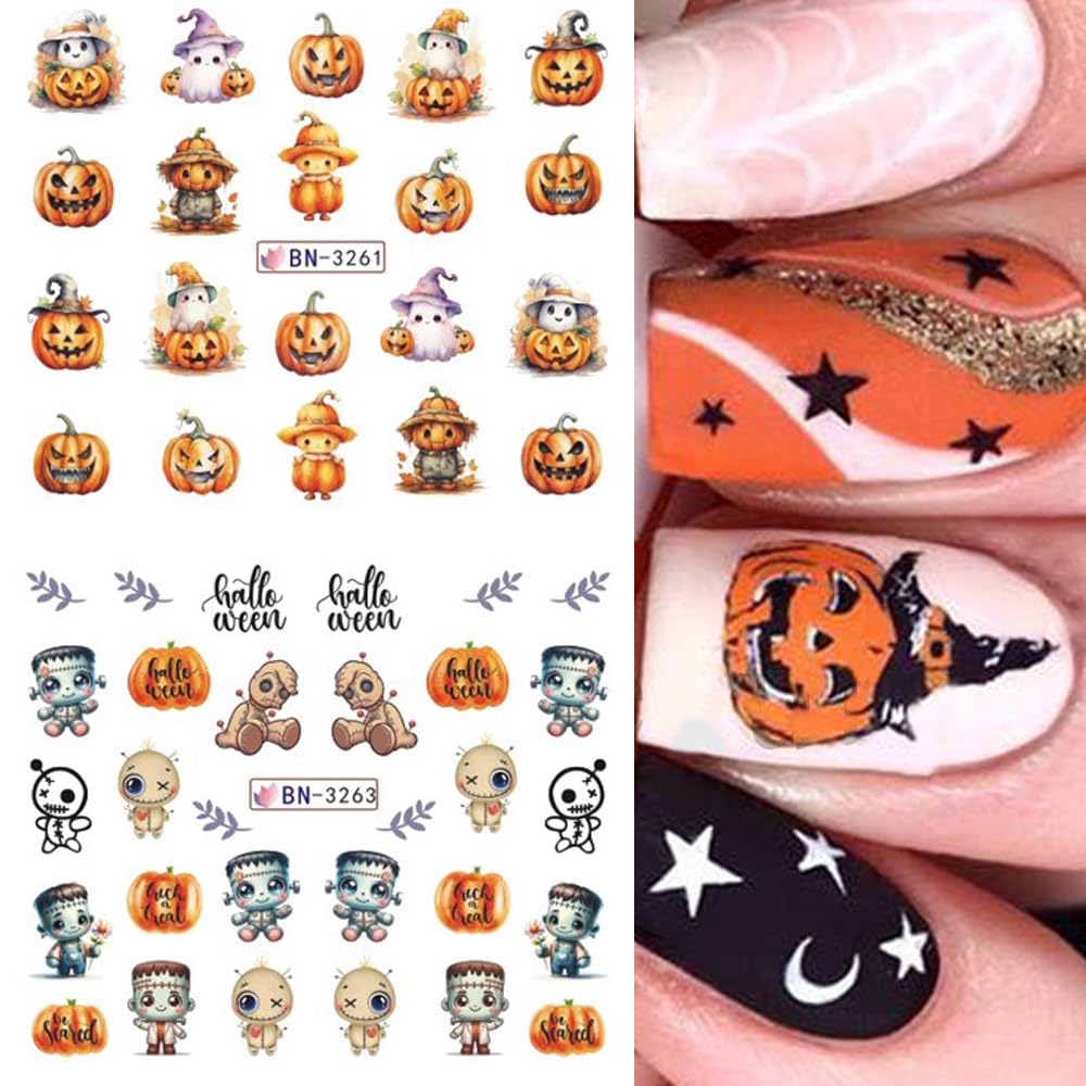 12 Sheets Halloween Nail Art Stickers Pink Pumpkin Water Transfer Nail Decals Cute Ghost Spider Skeleton Acrylic Nail Stickers for Women DIY Manicure Tips Halloween Nail Art Decorations Supplies-Velvo Beauty