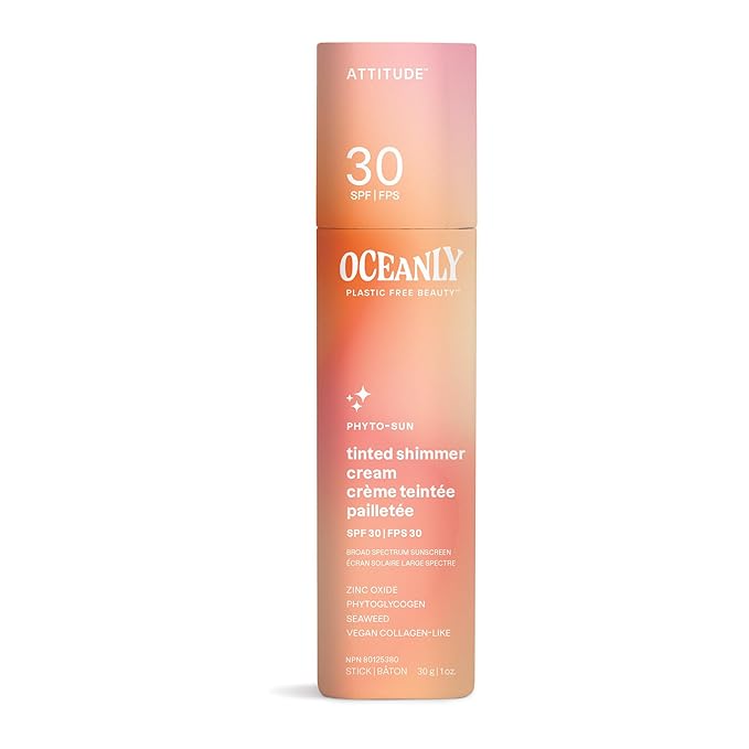 ATTITUDE Oceanly Tinted Shimmer Face Cream Stick with SPF 30, EWG Verified, Plastic-Free, Broad Spectrum UVA/UVB Protection with Zinc Oxide, Universal Tint, Unscented, 1 Ounce-Velvo Beauty