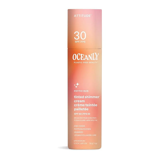 ATTITUDE Oceanly Tinted Shimmer Face Cream Stick with SPF 30, EWG Verified, Plastic-Free, Broad Spectrum UVA/UVB Protection with Zinc Oxide, Universal Tint, Unscented, 1 Ounce-Velvo Beauty