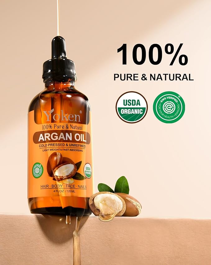 Yoken Organic Argan Oil for Hair 4 Fl Oz, USDA Pure and Natural Morocco Argan Oil, Argon Oil For Hair, Scalp, Face & Skin Care, 100% Cold Pressed Hair Conditioner, Unrefined Argon Nails Carrier Oil-Velvo Beauty
