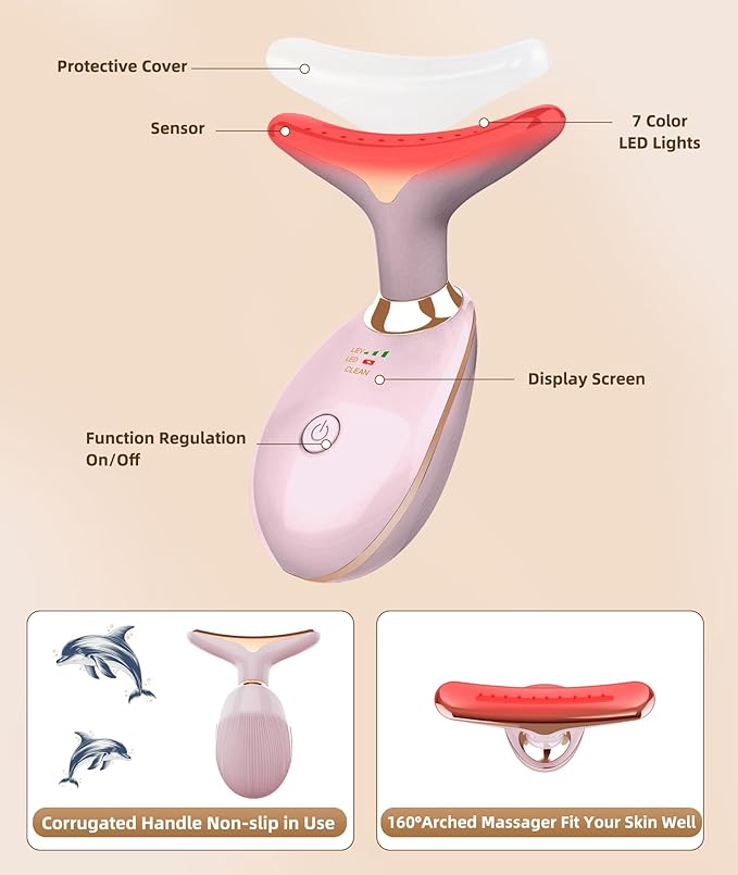 7 Color Face and Neck Massager Light Therapy, Red Light Based Facial Massager for Skin Care, Firming, Smoothing (Pink)-Velvo Beauty