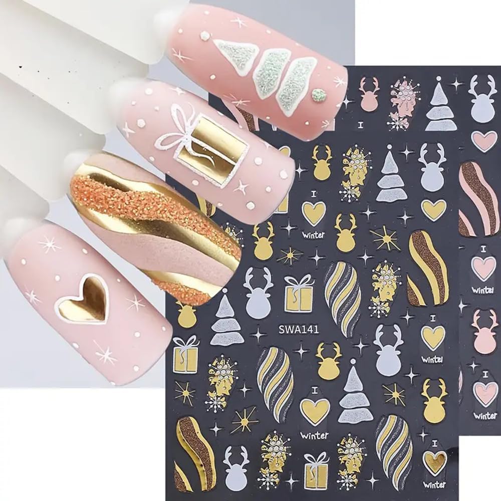 2PCS Christmas Nail Art Stickers, Winter Snowflake Reindeer Nail Stickers Christmas Gift Heart Pattern Self-Adhesive Nail Decals, DIY Nails Art Decoration, Festive Nails Supplies, Xmas Nails Charms-Velvo Beauty