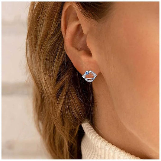 Boho Crystal Saturn Earrings Cz Orb Planet Earrings Silver Rhinestone Circle Earrings Tiny Sapphire Stud Earrings Jewelry for Women and Girls-Velvo Beauty