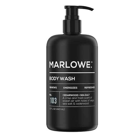 MARLOWE. No. 103 Body Wash 15 oz Pump, Cedarwood + Sea Salt, Energizing & Refreshing Shower Gel, Willow Bark & Green Tea Extracts, Cleanses, Moisturizes, Smooths & Nourishes, Fresh & Zesty Scent-Velvo Beauty
