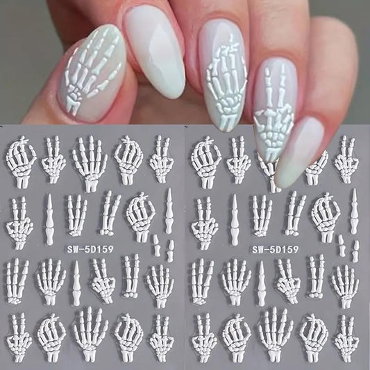 Halloween Nail Art Stickers Decals 3PCS Skeleton Nail Decals 5D Embossed Skull Nail Stickers White Hand Bones Finger Skeleton Halloween Nail Art Supplies Self-Adhesive Manicure Decorations-Velvo Beauty