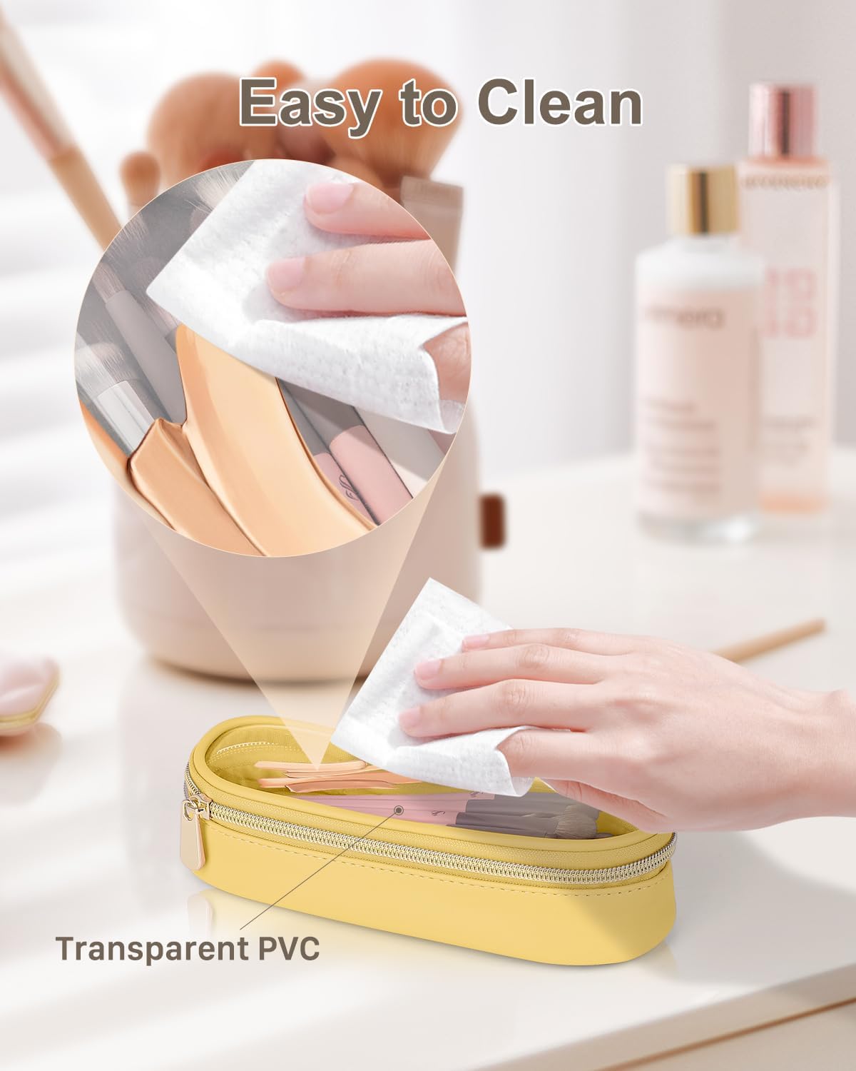 Clear Travel Makeup Brush Holder, Leather Makeup Brush Toiletry Bag, Portable Cosmetic Brush Case, Transparent Waterproof Makeup Brush Storage Bag, Yellow-Velvo Beauty