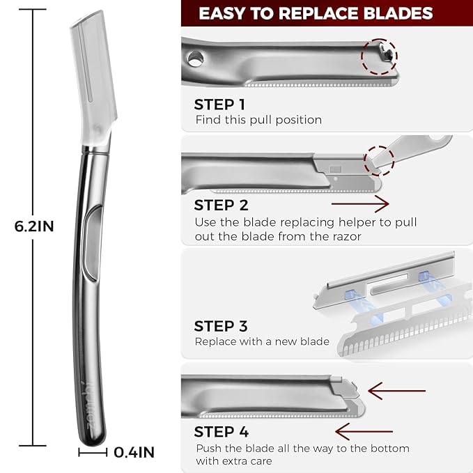 ZOMCHI Eyebrow Razor and Face Razor for Women and Men, Reusable Metal Handle with 11 Refill Blades, Dermaplane Razor with Protective Silicone Cap, Eyebrow Hair Trimmer - Polished Silver-Velvo Beauty