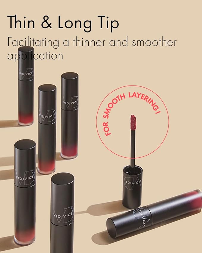 VIDIVICI Millennial Velvet Lip Tint - Thin, Comfortable & Long-Lasting Wear with Matte Finish - Seamless, Rich and Vibrant Shades - Moisture-Filled & Lightweight Texture. 0.15 fl.oz. (05 RED OVER)-Velvo Beauty