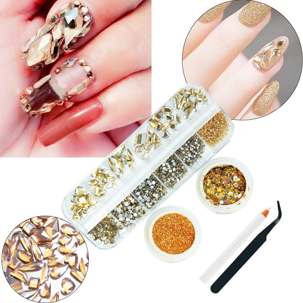 3 Boxes Champagne Gold Nail Rhinestones with Fine Glitters Kit, 60Pcs Big Glass Nail Gems with S6-S16 Flatback Round Stones,Crystals Nail Gem Stones for Faces Body DIY Crafts-Velvo Beauty