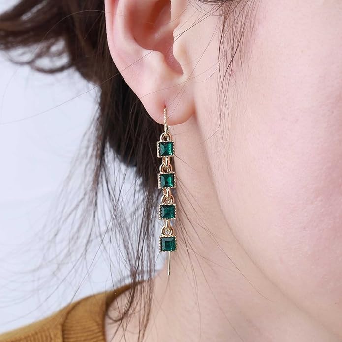 Vintage Crystal Emerald Threader Earrings Emerald Square Stud Earrings Long Chain Tassel Dangle Earrings Gold Bar Pull Through Earrings Jewelry for Women-Velvo Beauty