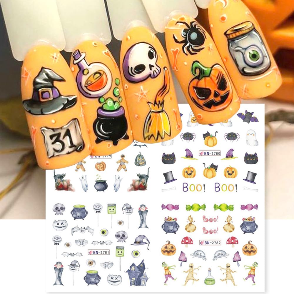 Halloween Nail Stickers 12 Sheets Pumpkin Halloween Nail Art Supplies Decorations Water Transfer Nail Decals Cute Ghost Witch Bat Skeleton Spider Design Watermark Slider Nail Foils for Women DIY-Velvo Beauty