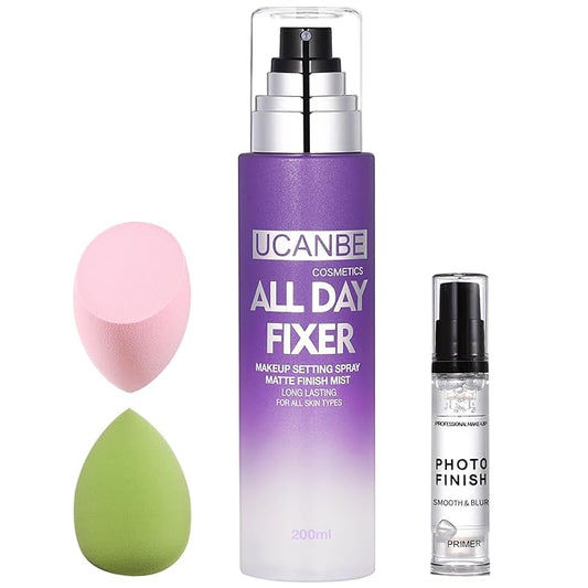 UCANBE Makeup Setting Spray + Face Primer + Make Up Sponge, Gel-Based Hydrating Primer, Lightweight, Long Lasting Matte Finishing Spray,Beauty Blender Set-Velvo Beauty