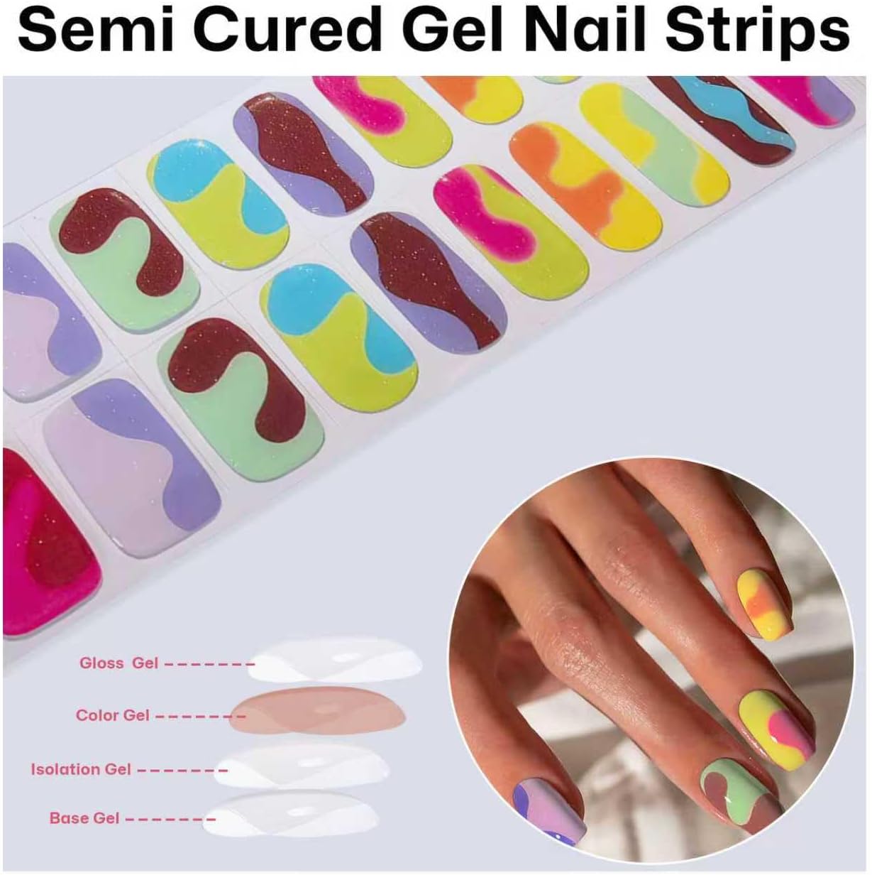 Semi Cured Gel Nail Strips with Colorful Designs Gel nail stickers Glossy Nail strips Salon Quality & Easy to Use 20 Pcs for Women-Velvo Beauty
