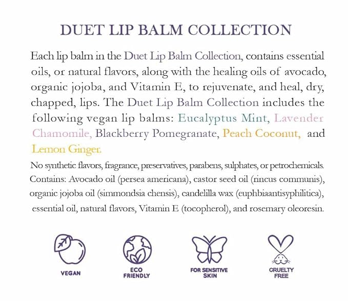 ALIDA PURE Duet Lip Balm Collection, Vegan, Lip Balm Set, Coconut Oil Free, Avocado Oil, Organic Jojoba Oil, Vitamin E Oil, Vegan, Lip Oil Set for Dry Cracked Lips, 5 Tubes of Lip Balm per Set-Velvo Beauty