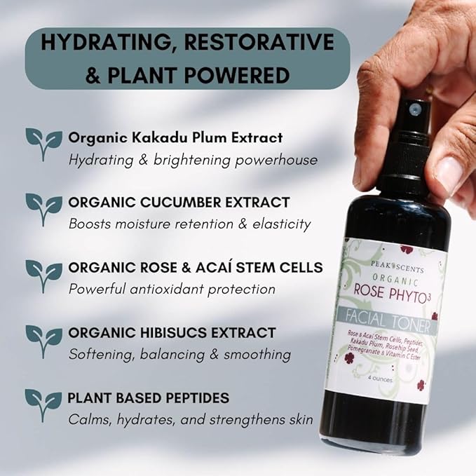 Organic Phyto³ Rose Water Facial Toner Spray - Pure Rosewater for Face, with Acaí and Herbal Extracts - Eco-Friendly and Vegan - Hydrating Rose Water Organic Face Spray (4 oz)-Velvo Beauty