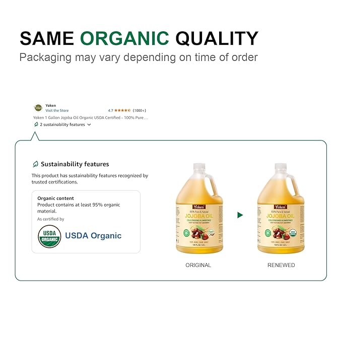 Yoken 1 Gallon Jojoba Oil EWG Verified - 100% Pure Jojoba Oils Bulk Cold Pressed Unrefined Hexane Free Virgin Golden jojoba Carrier Oil for Hair Skin Massage DIY Natural Body Moisturizer-Velvo Beauty