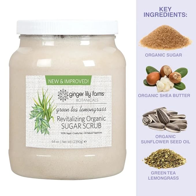 Ginger Lily Farms Botanicals Revitalizing Organic Sugar Scrub, All-Natural Skin Exfoliating Sugar Crystals, 100% Vegan & Cruelty-Free, Green Tea Lemongrass, 64 oz.-Velvo Beauty