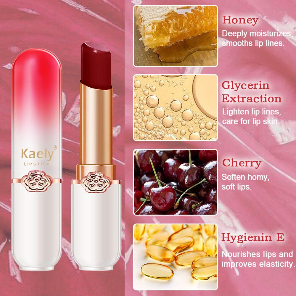 Kaely 3Pcs Peach Strawberry Red Cherry Hydrating Lipstick Tinted Lip Balm, Color Changing PH Lipstick Makeup, Korean Magic Lip Stain Long Lasting Waterproof, labiales magicos 24 horas originales-Velvo Beauty
