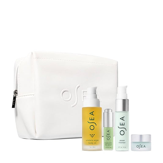 OSEA Bestsellers Discovery Skincare Set - 4-piece Skin Care Set - Vegan Leather Pouch, Body Oil, Face Cleanser, Water Cream, & Hyaluronic Acid Serum - Clean Beauty Travel Set - Ideal for Beauty Gifts-Velvo Beauty