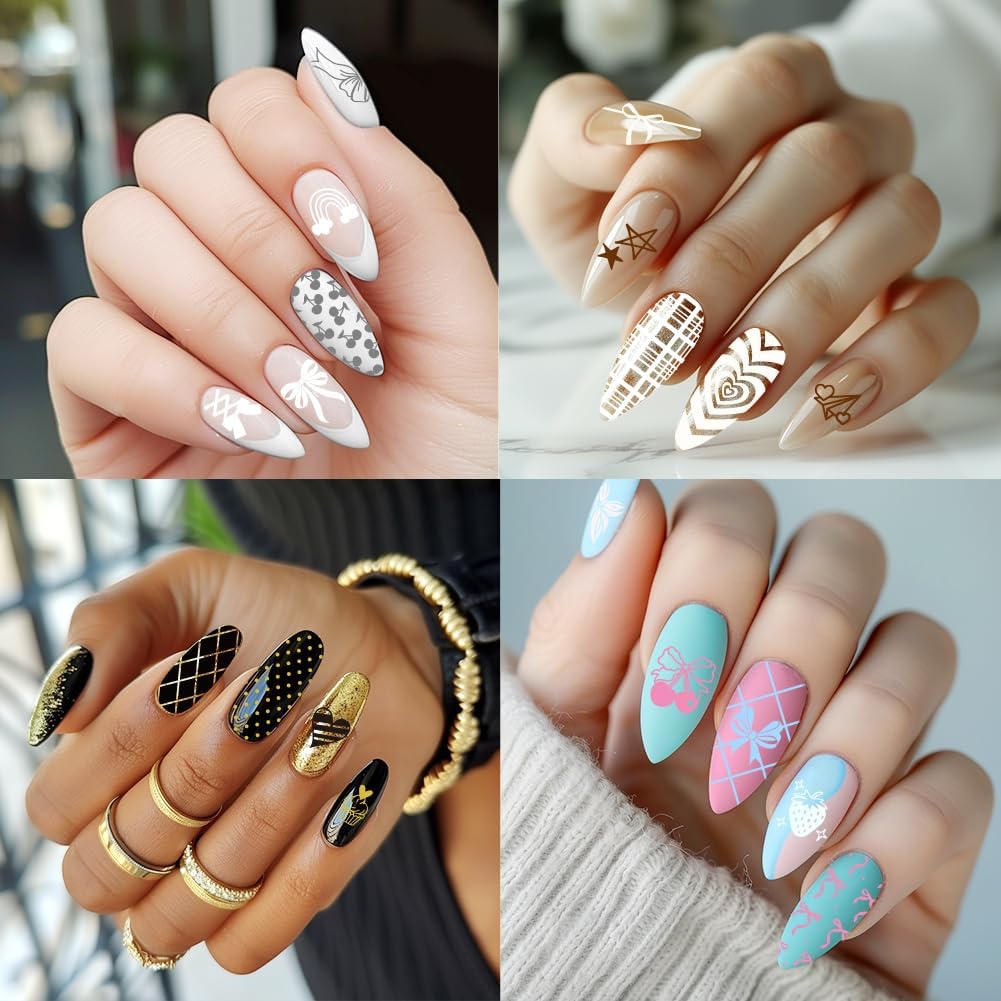 3Pcs Bow Nail Stamping Plate Set Girly Elements Romantic Heart Shape Stainless Steel Nail Stamp Templates Clear Silicone Nails Stamping with Stamper Scraper for Manicure Printing-Velvo Beauty