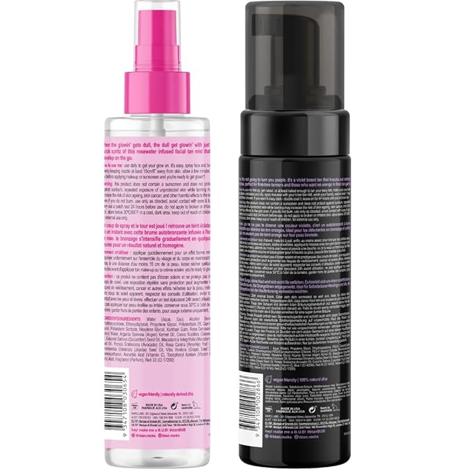 b.tan Violet Self Tan Foam & Face Mist Kit | Lovers Bundle - Dark Sunless Tanning Mousse, Bronzing Glow Gradual Facial + Body Spray, Mitt Applicator, 1 Hour Express, No Fake Tanner Smell, 6.7 Fl Oz-Velvo Beauty